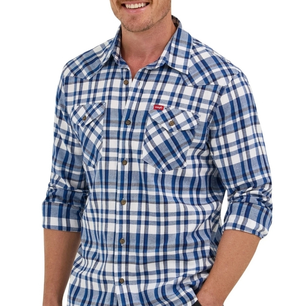 Wrangler Men's Slim Fit Long Sleeve Woven Twill Shirt Indigo Plaid